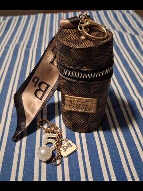 Brown Checked Keychain Pouch And Pearl w/ Number 5 Bag Charms